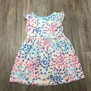2T white toddler dress with pink, blue, orange & yellow splashes of color.